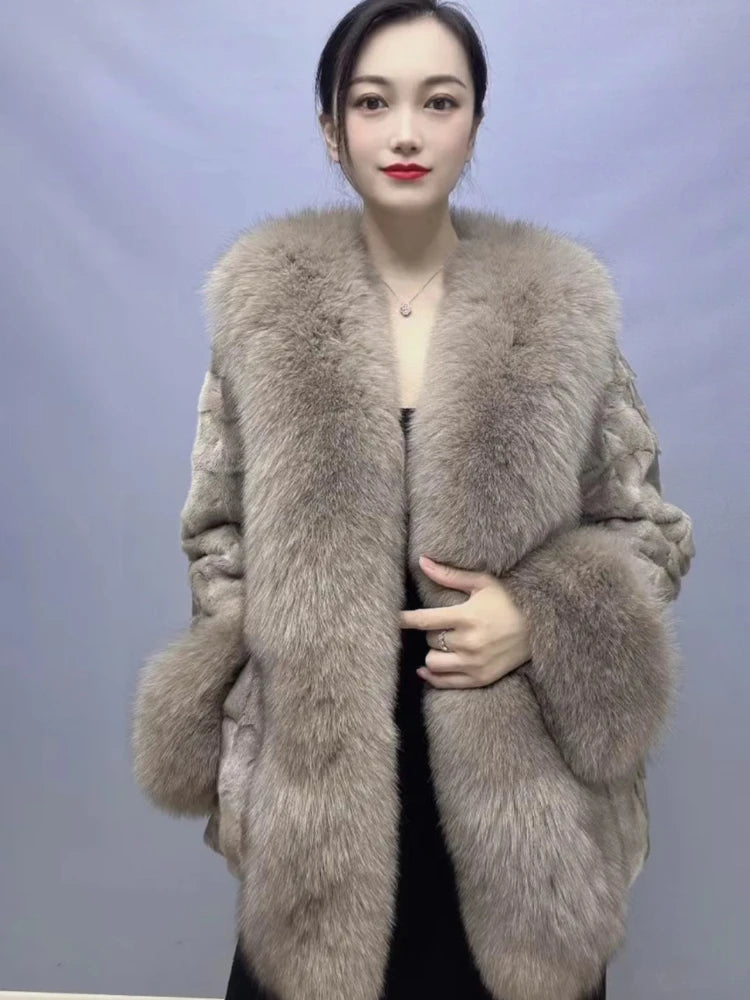 OFTBUY 2023 New Autumn Winter Women Real Mink Fur Outerwear Big Collar Coat High Quality Luxury Warm Middle Length Cardigan