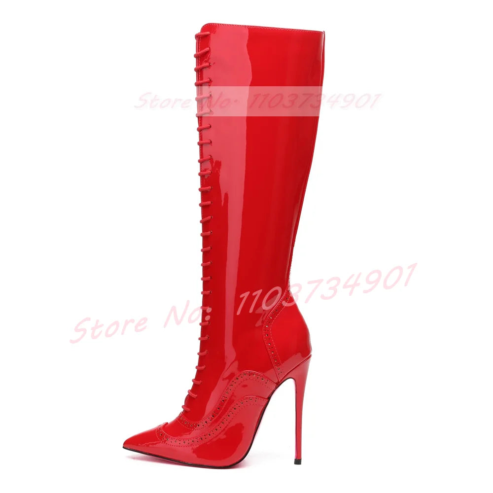 Pink Sole Zipper Knee Length Boots Women Sexy Nightclub Lace Up Pointy Toe High Heels Boots Lady Party Nifty Punk Fashion Shoes