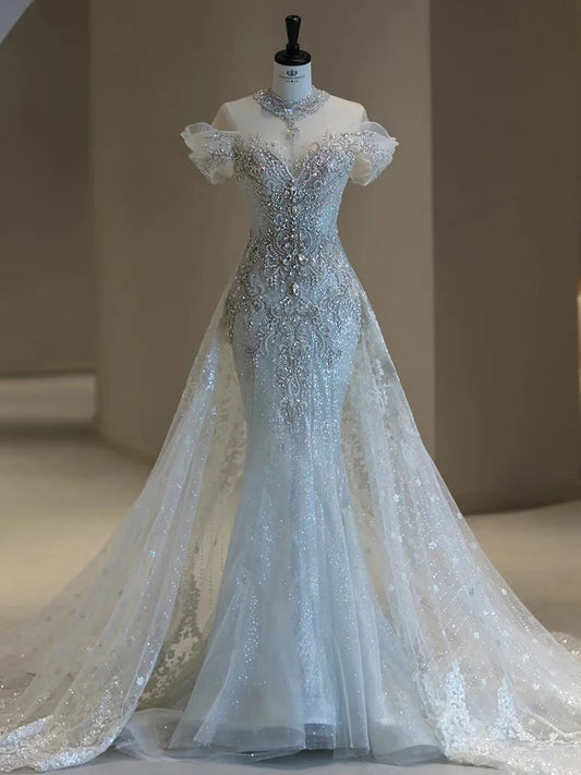 Elegant Fish Tail Wedding Dress Lightweight Tulle One Shoulder Bridal Gown for Small Stature Brides Heavy Embroidery Exit Veil