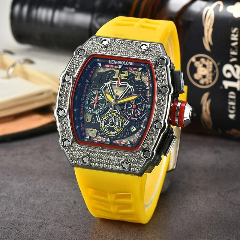 Hengbolong quartz watch men's popular wine barrel diamond-encrusted watch six-pin multi-function running second watch