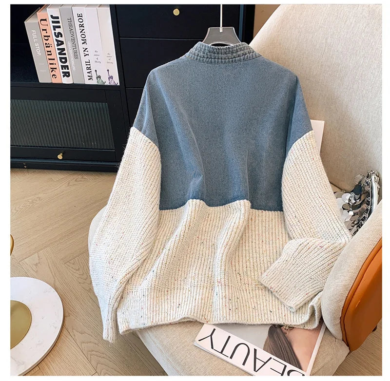 Fat mm200 Pounds Vintage Denim Patchwork Sweater Coat ins Fashion Woman 2024 Autumn and Winter Thickened Loose Niche Cardigan