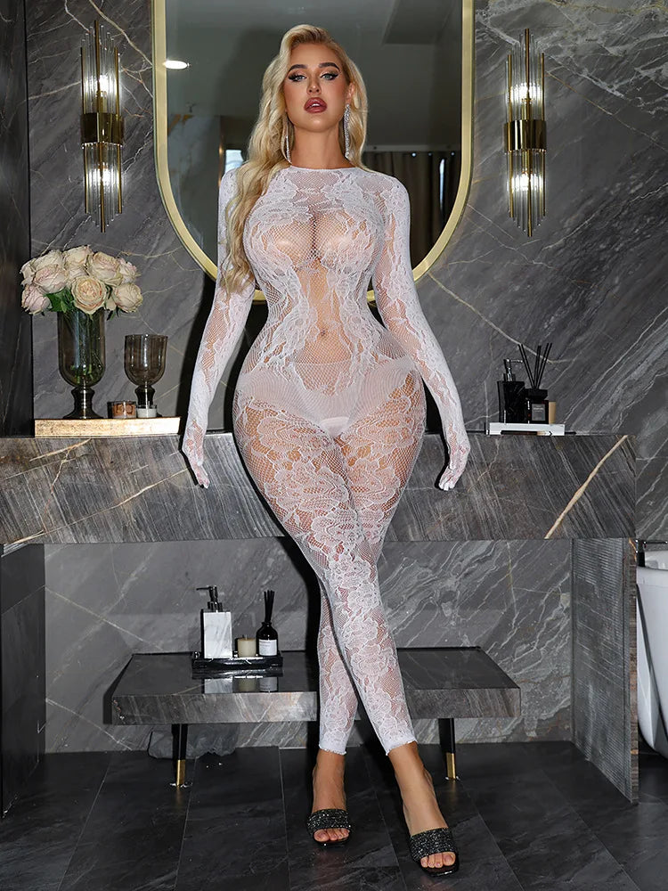Sexy Long Sleeve Bodysuit Women Red Floral Lace See Through Backless Sheer Mesh Jumpsuit Slim Bodycon Lingerie Exotic Apparel