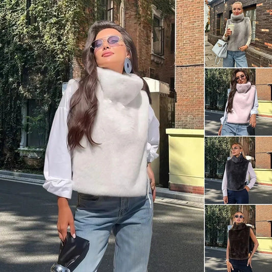 Trendy Outerwear Eco Mink Fur Turtleneck Tank Tops Fluffy High Collar Crop Top Thicken Layering Piece Sable Vest Women's Apparel