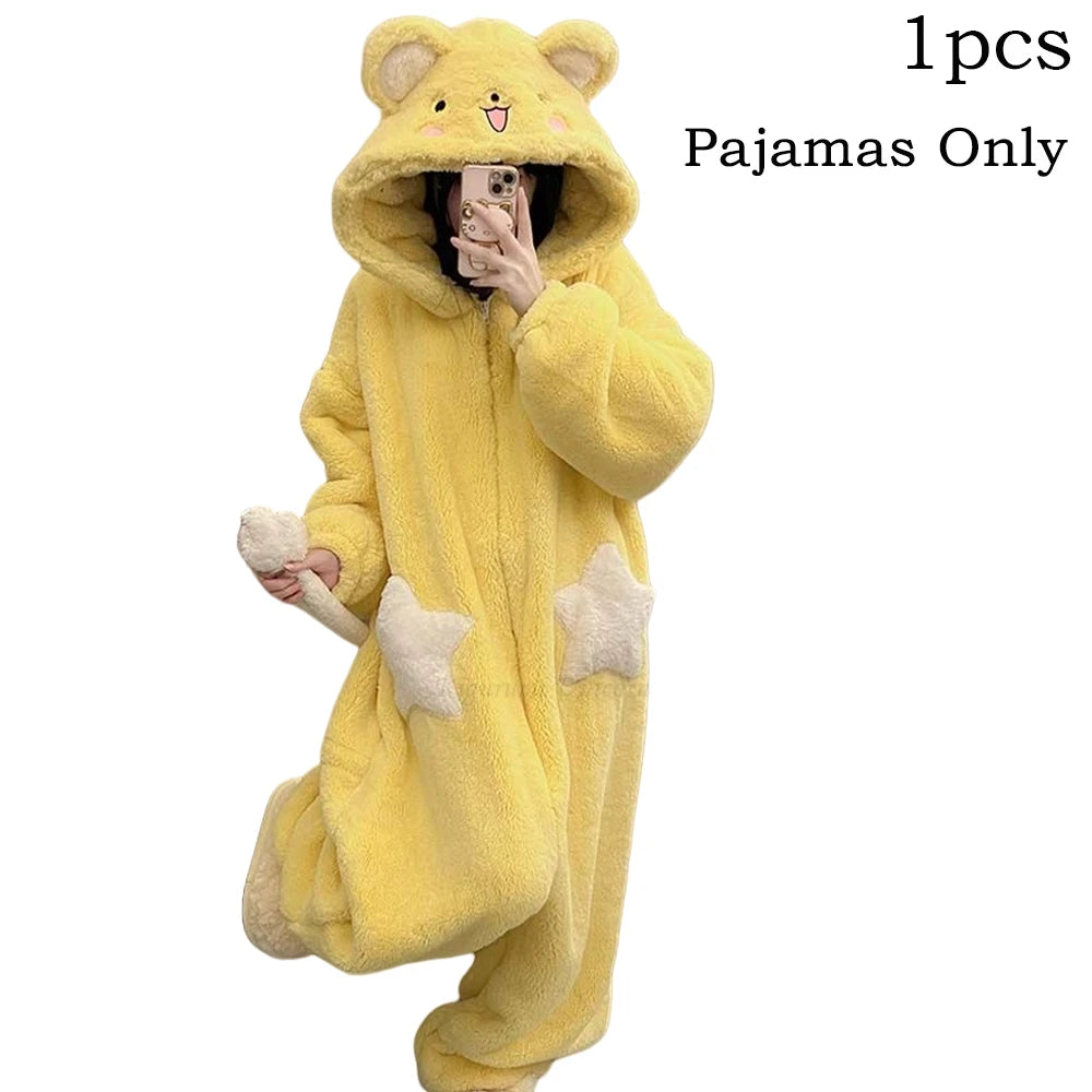 Women's Cartoon Hooded Kigurumi Unicorn Winter Jumpsuit Pajamas Women Coral Fleece Thickened Home Clothing Holiday Gift