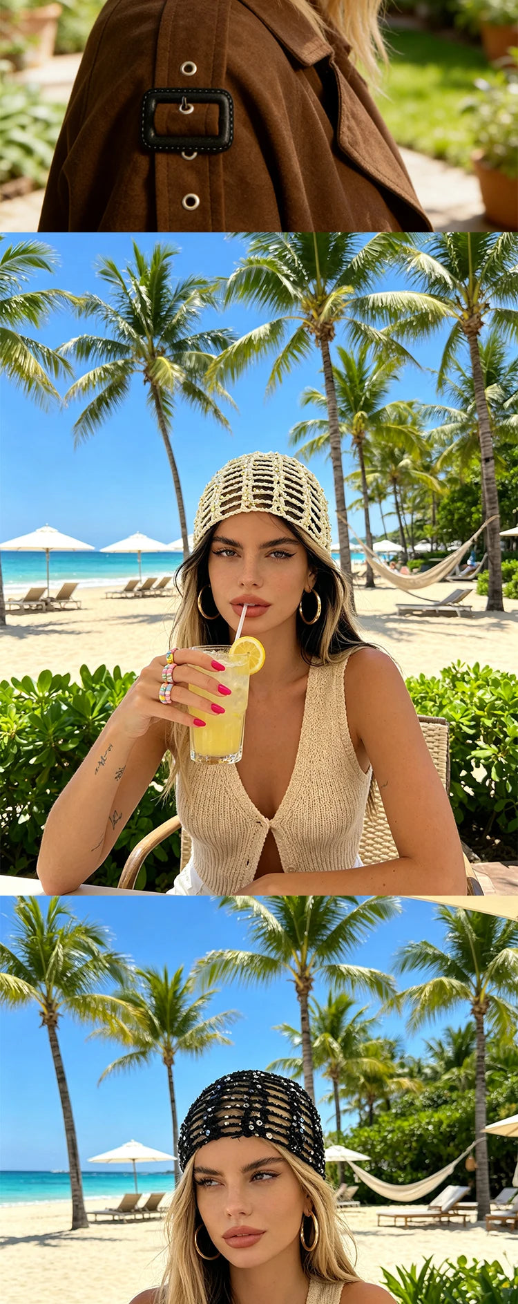 Fashion Vintage Sequined Hollow Pullover Hats Women Spring Summer Travel Photo Atmosphere Versatile Y2K Knit Beanie Hat Girl