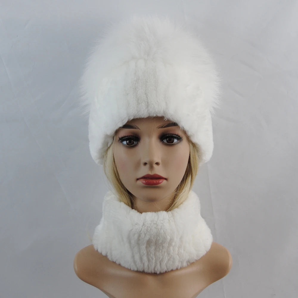 New Winter Lady Brand Hand Make Real Genuine Fox Fur Hat Scarf Girls Natural Real Rex Rabbit Fur Ring Cap Real Fur Scarves Hats