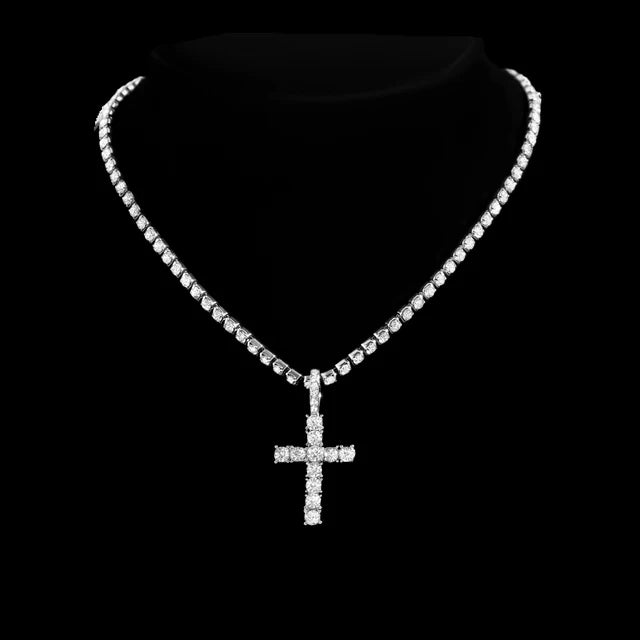 Hip Hop Diamond Cuban Link Chain Cross Necklace Men Women 2Pcs Bling Miami Cuban Chain Necklace Set Iced Out Chain Jewelry