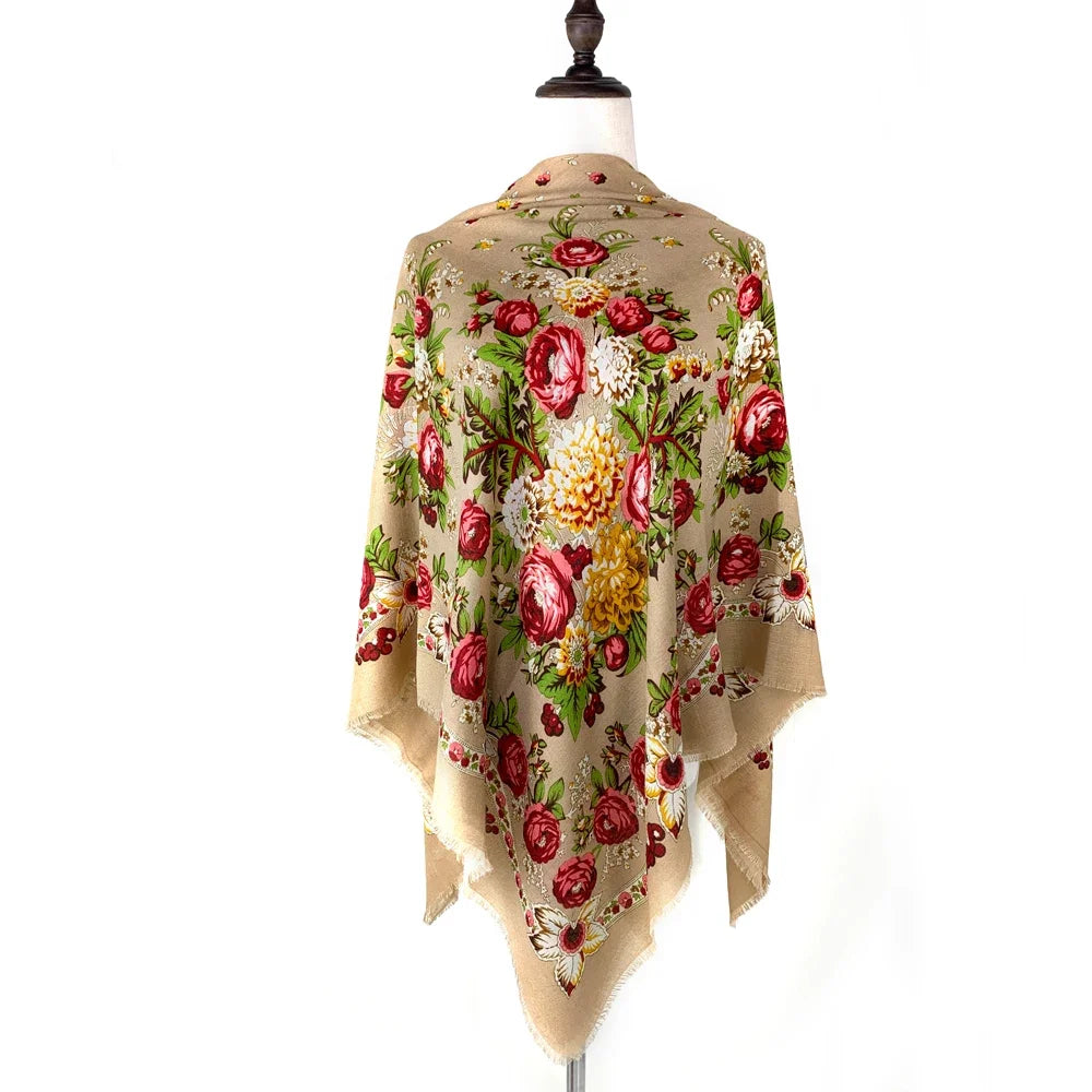 130*130cm Breathable Thin Russian Square Scarf Women Luxury Floral Print Ukrainian Shawl Babushka Handkerchief Head Wraps