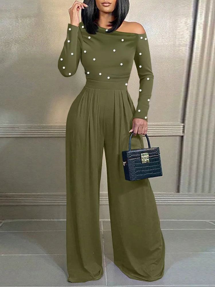 Fashion Beaded Slant-neck Women Jumpsuit Spring Autumn New Cinched Waist Wide Leg Long Pants Elegant Female Office Rompers 2026