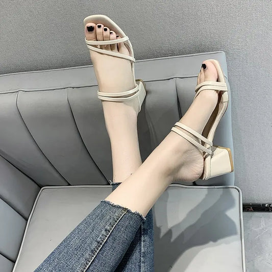 Women Sandals Ladies Square Heels Elegant Summer Slippers Outside Cross Tied Leather Female Slides 2025 Fashion Woman Sandals