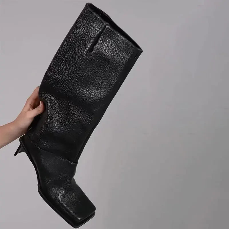 2026New Fashionable Square Head High Heels Women's Knee Length Boots with Side Zipper Stone Pattern Women's Mid Length Boots