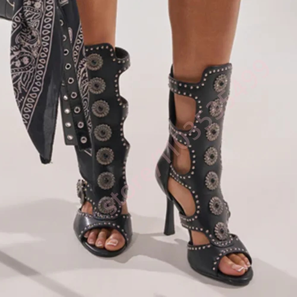 Women's 2026 Peep Toe Rhinestone Buckle Cutout Gothic Floral Mid-Calf Boots Punk Motorcycle Party Shoes with Rivets