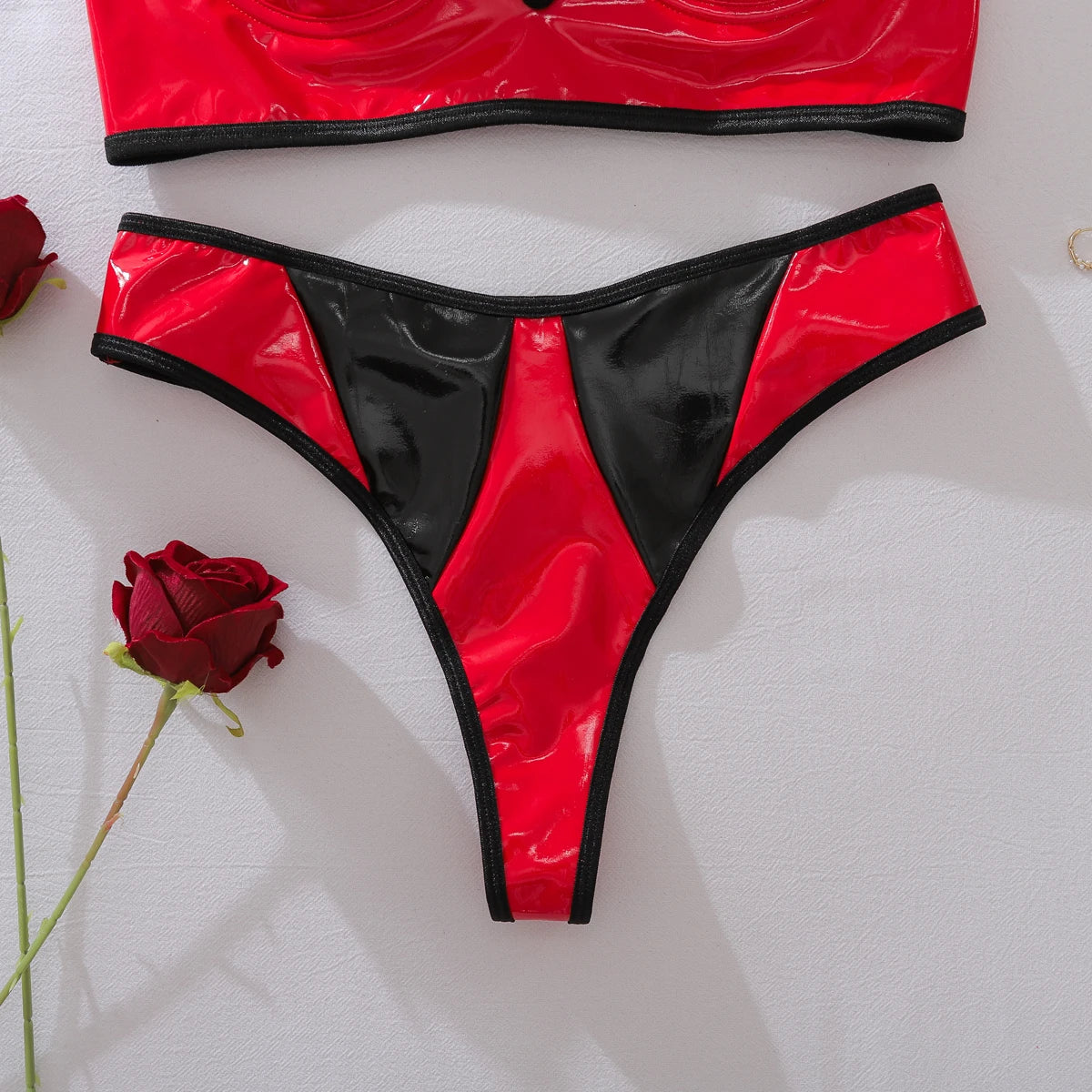 European and American spicy girl comfortable contrasting PU leather slim fit shaping sexy lingerie two-piece set