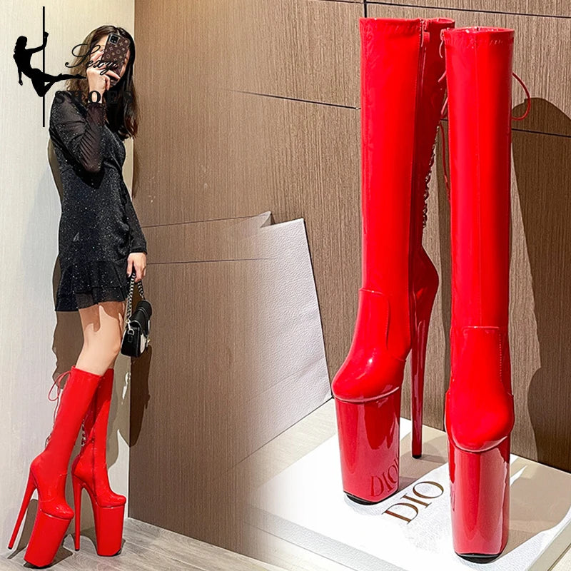26cm High Heels Mid-Calf Red Black Women Boots Round Head Rear Strap Pole Dance Shoes Fashion Sexy Roman Style bota feminina