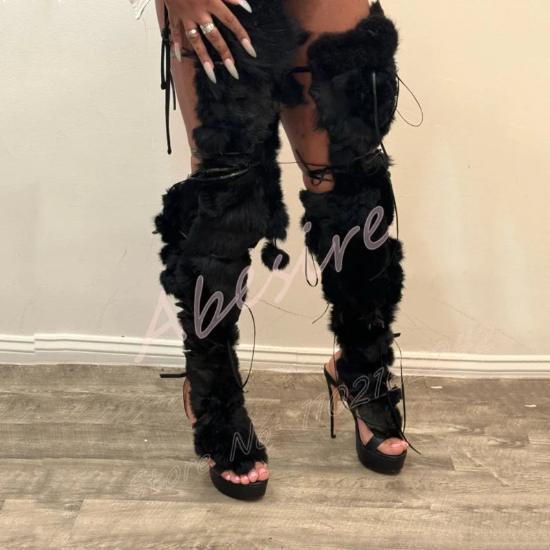 Black Faux Fur Lace Up Long Platform Shoes Round Toe Stiletto Cross Strap Sandals Women'S Sexy Nightclub Party Furry High Heels