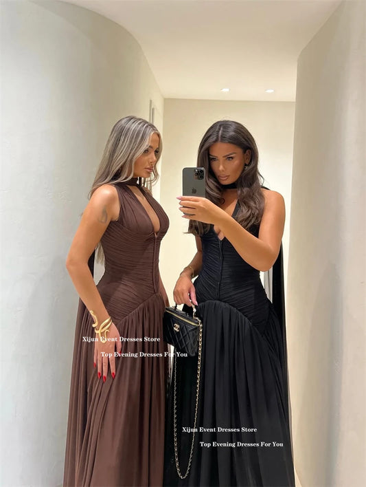 Xijun Modern Chiffon Long Evening Dresses Halter Sleeveless A-Line Prom Dresses V-Neck Formal Occasion Prom Gowns Customized