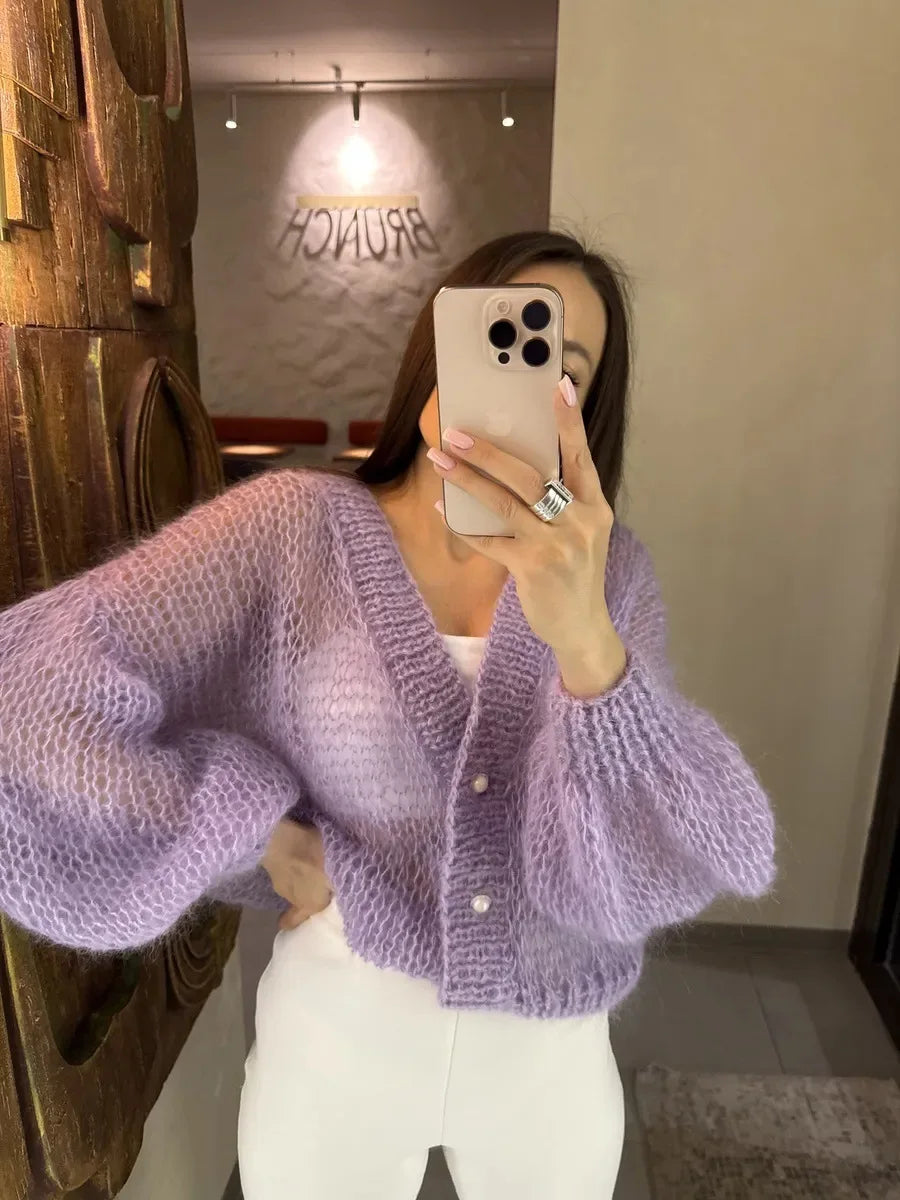 Women Knitting Cardigan 2026 New Women Mohair Knit Cardigan Hollow Out Sheer Long Sleeve Casual Knitted Outerwear Sweater