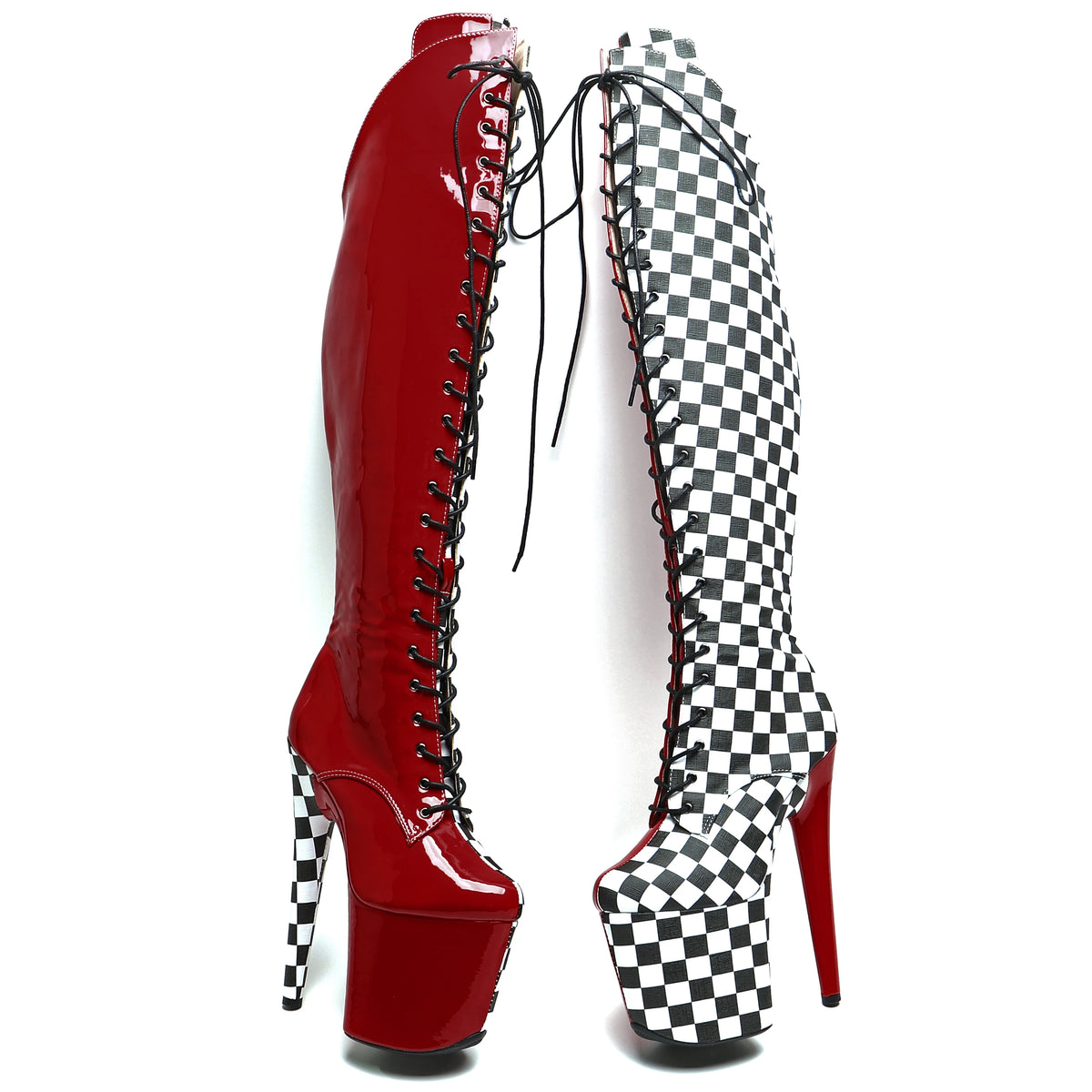 Leecabe 20CM/8inches New Fashion Style Patent with Grid Pattern PU Mix Color High Heel Platform Boots Pole Dance Boots