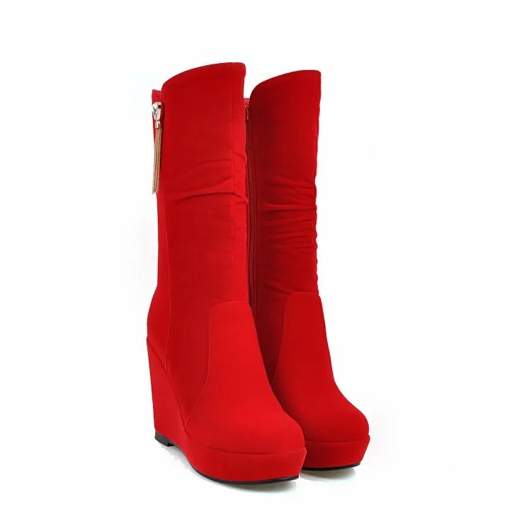 2026 Fashion Women Mid Calf Boots Round Toe Wedges 11cm Platform 3cm Decoration 42 43 Sexy Female Bota