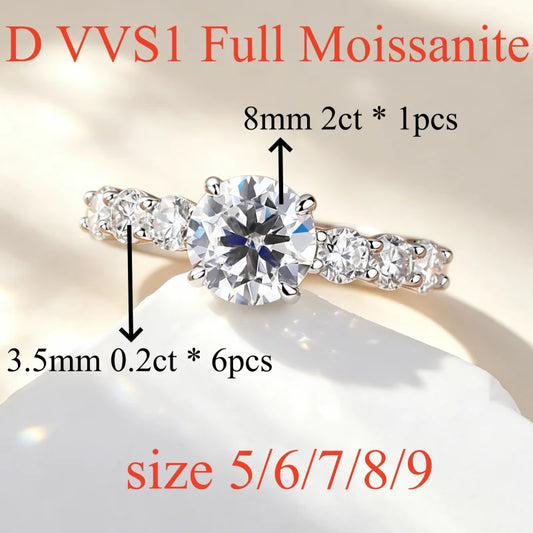 NKHOG 2CT Full Moissanite Ring Round Cut 5 Stones Side 925 Sterling Silver For Women Wedding Band Engagement Jewelry Gift Luxury