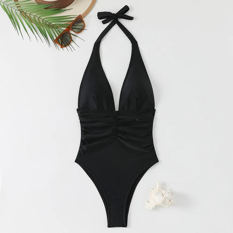 Halter Top Bathing Suit Woman Swimsuits One Piece Swimwear Women's 2026 Trend V Neck Beachwear Female Monokini Summer Bodysuit