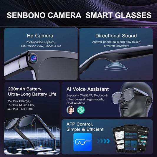 SENBONO NEW Smart Glasses with 800W Piexl Camera AI Translator Sunglasses Bluetooth Call Take Video Smart Glasses for Men Women