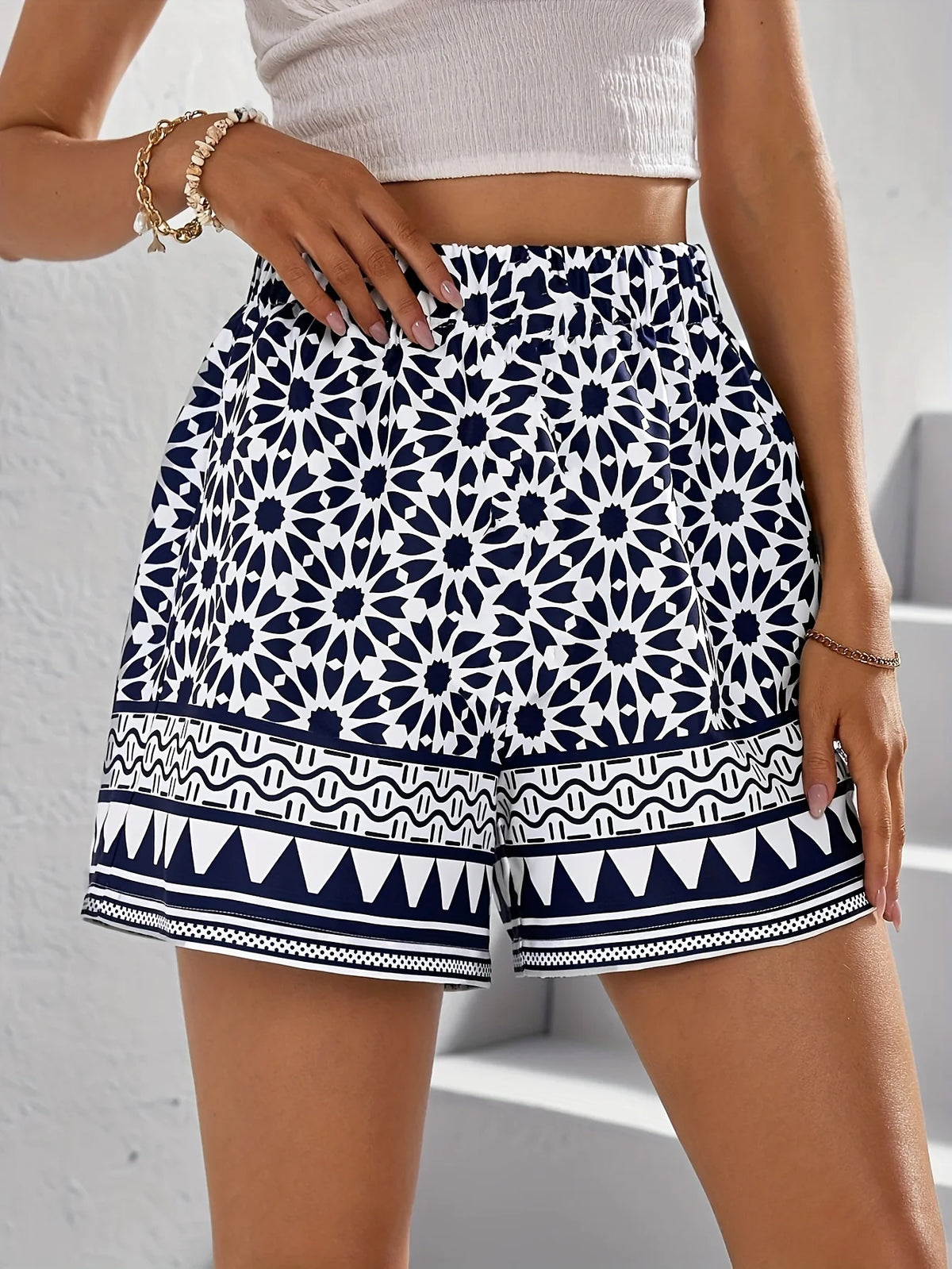 Women's Plus Size High Waist Geometric Print Elastic Waist Shorts Comfortable Casual Summer Shorts