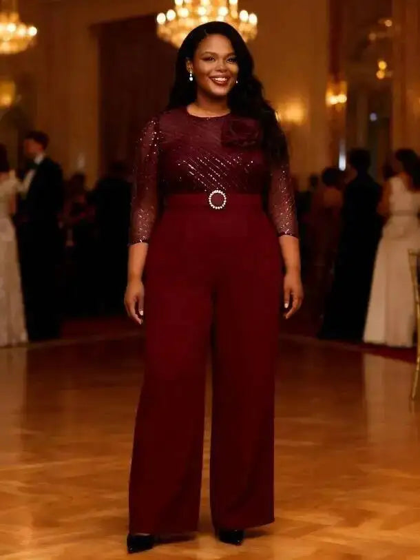 Plus-size Women's Slimming Jumpsuit, High-waisted Wide-leg Jumpsuit With Sheer Mesh Sleeves, Elegant And Suitable For Casual Y2K