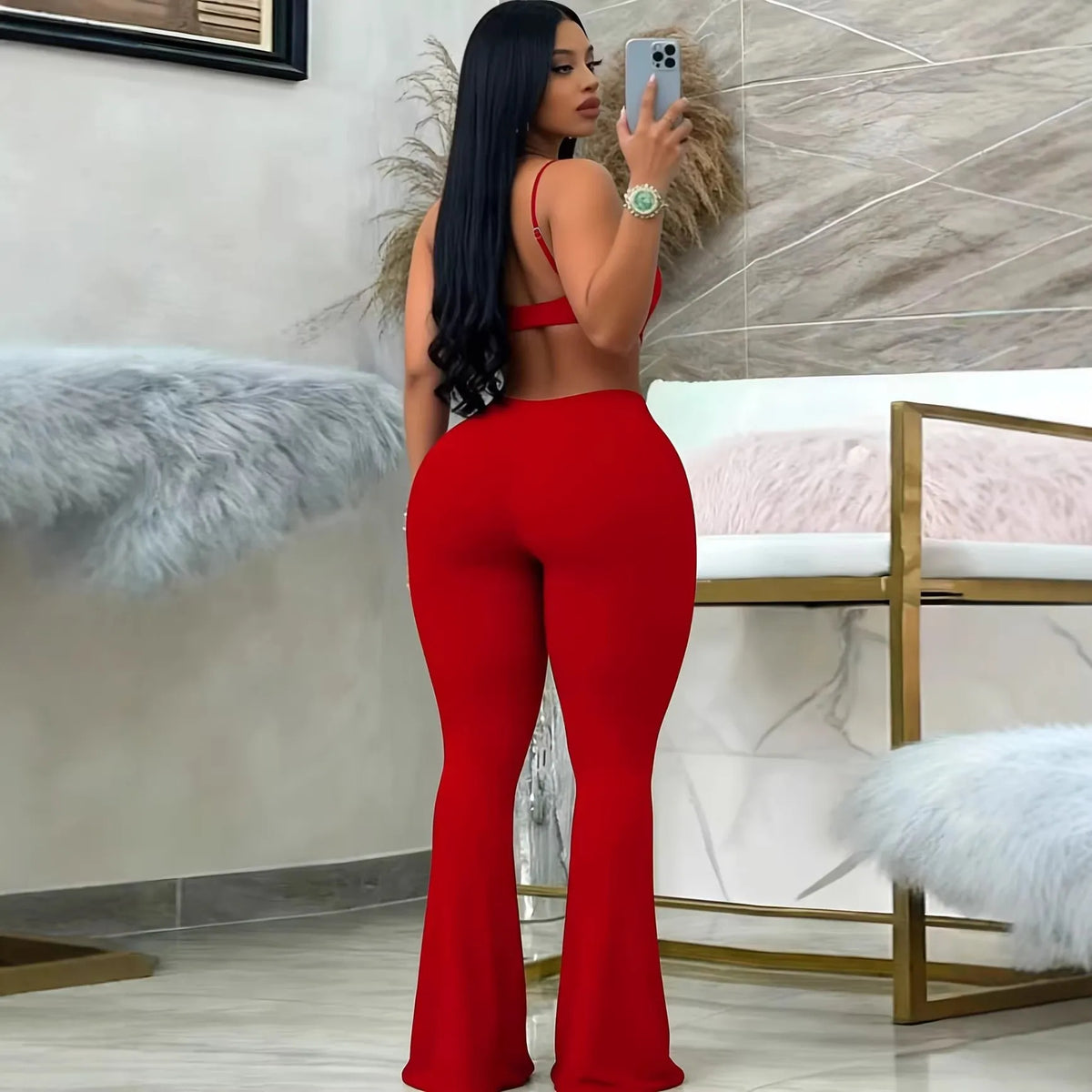 Summer Woman Jumpsuit Red Backless Jumpsuits High Waist Flared Leg Women's Elegant Romper Black Cut Out Waist Long Jumpsuit