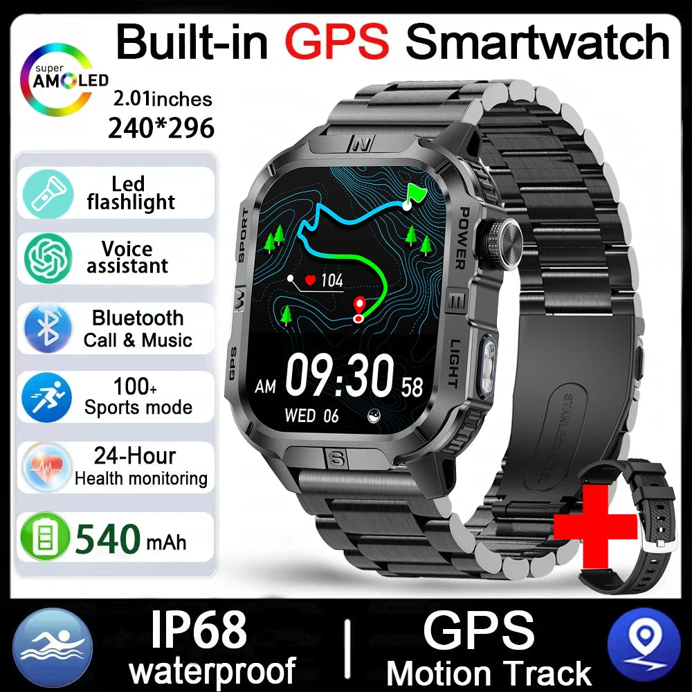 2026 New Outdoor Military Men's Smartwatch Is Equipped With GPS LED Lighting, A Compass, Wireless Communication, IP68 Waterproof