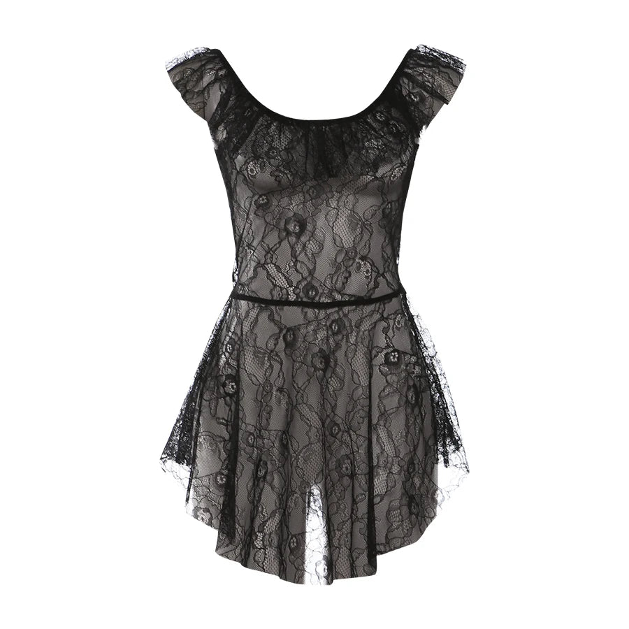 Kliou Sexy See Through Short Dress Woman Ruffles Decoration Low-Neck Backless Sleeveless Vacation Beach Party Style Mini Bodycon