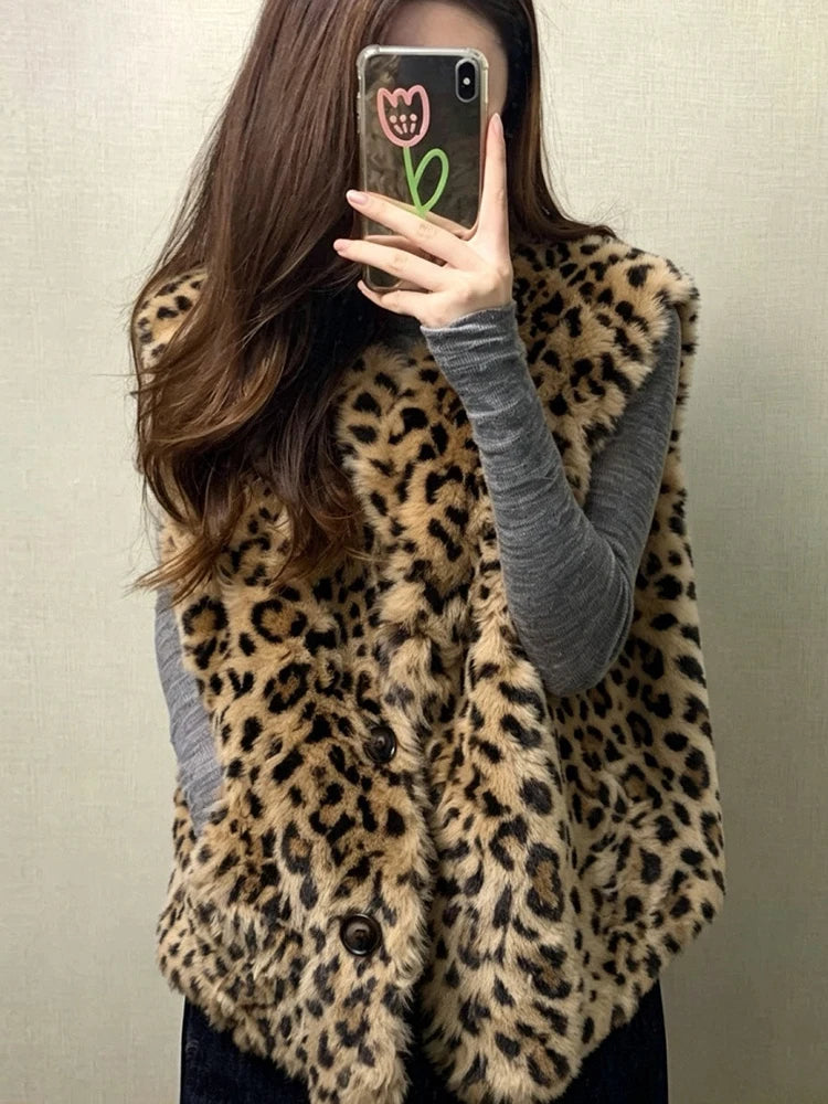 Faux Fur Y2K Leopard Vest Women Loose Vintage Winter Warm O Neck Streetwear Vests Casual Harajuku American Retro Lady Vest Coat