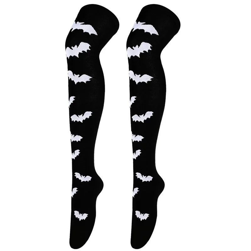 Women Halloween Socks Thigh High Stockings for Girls Black White Over Above Long Knee Sock Funny Cosplay Harajuku