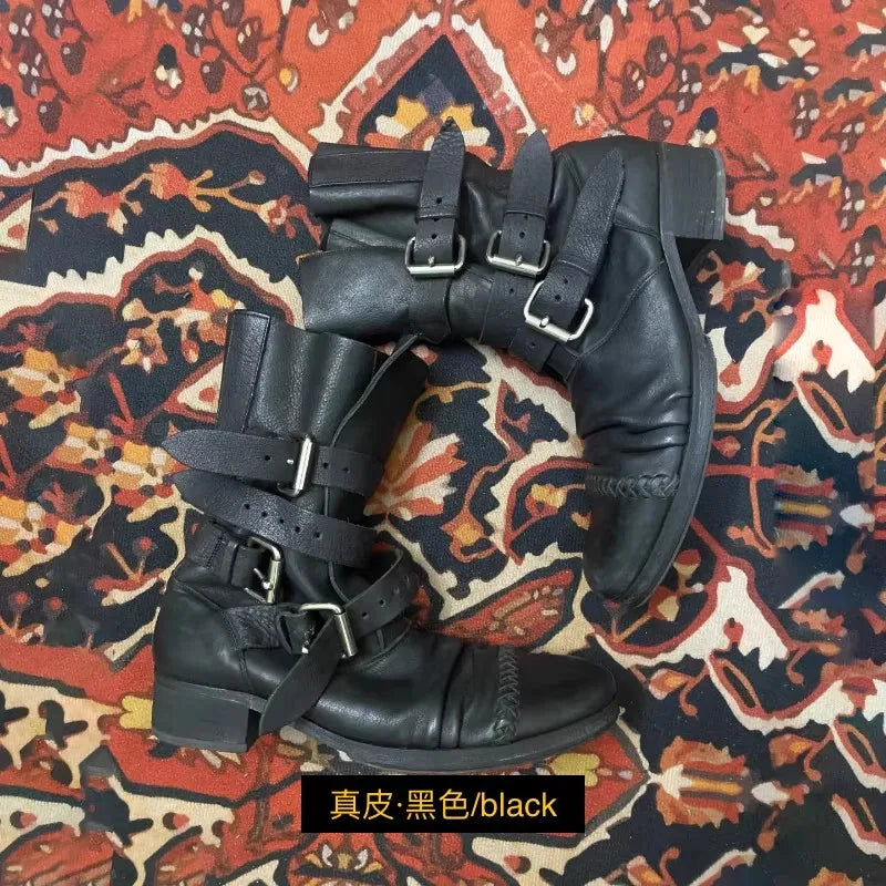 Black Multiple Buckles Pleated Mid-Calf Boots Woman Winter 2026 Round Toe Chunky Heels Punk Style Biker Boots Knight Boots
