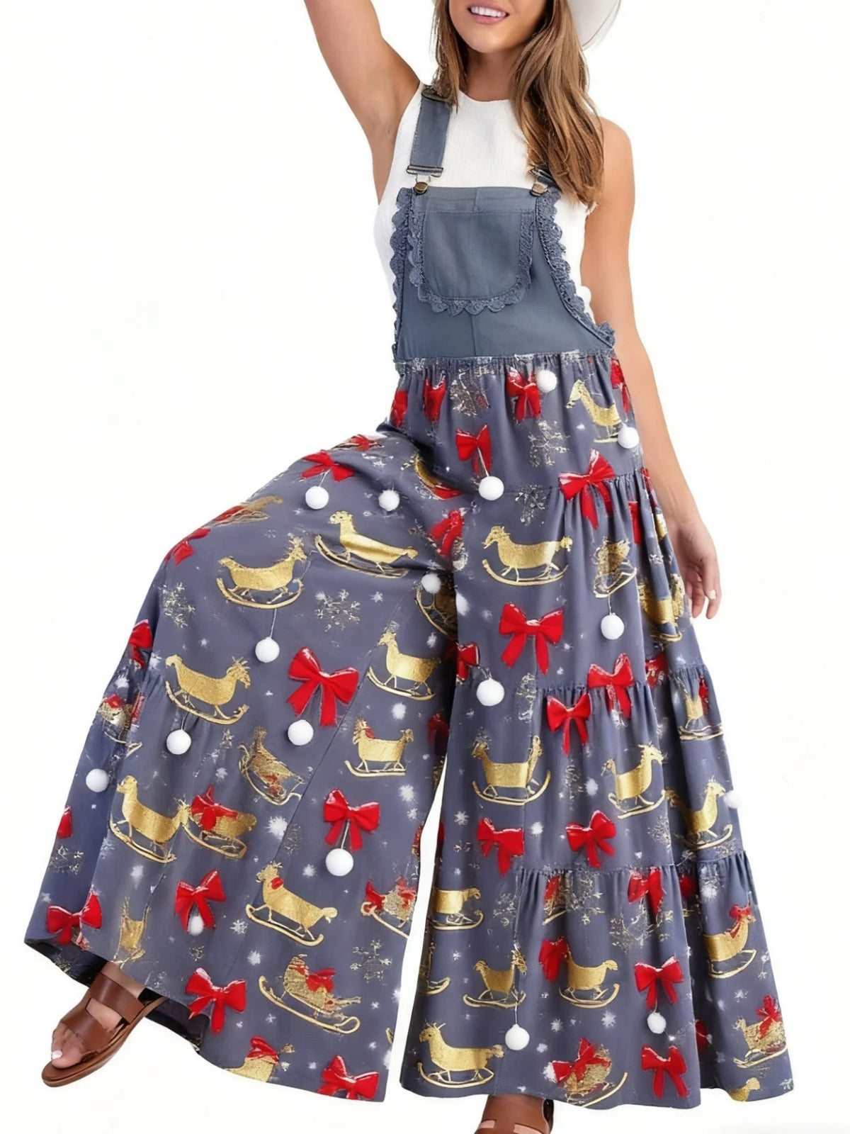 Xingqing Sexy Women Jumpsuits Christmas Themed Print Lace Patchwork Sleeveless Baggy Wide Leg Overalls Streetwear with Pocket