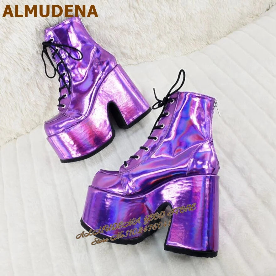 Hologram Purple Shiny Platform Ankle Boots Gothic Punk Lace Up Super Chunky Heel Short Booties Nightclub Dancing Shoes