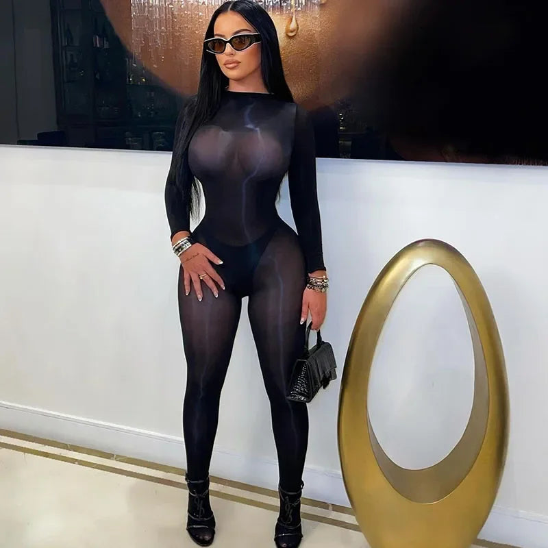 Doyerl Mesh See Through Black Jumpsuit Woman Sexy Rave Night Out One Pieces Club Romper Party Skinny Bodycon Overalls Catsuit