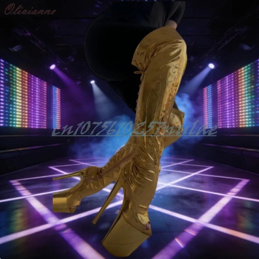 Pole Dance Performance Back Strappy Over the Knee Boots Open Toe Gold Patent Leather Side Zipper Women Dance Shoes Para Mujere