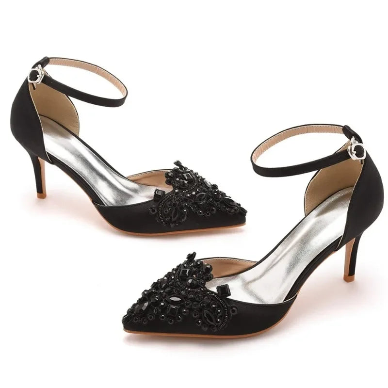 XIHAHA Woman High Heels New Pointed Artificial Diamond Metal Buckle Party Carnival Women's Shoe Satin Girls Banquet Dance Shoes