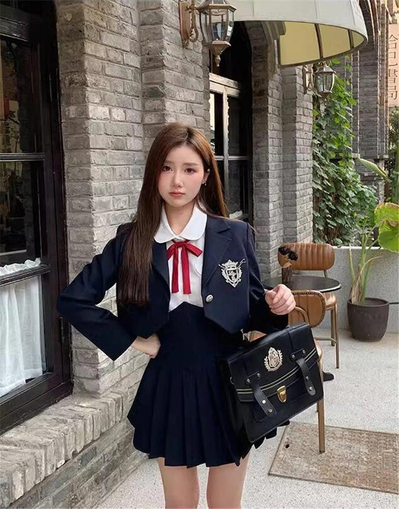 Spring 2025 Preppy Style American Uniform Set Girls Short Suit Coat Long Sleeve White Shirt Slim High Waist Pleated Skirt Navy