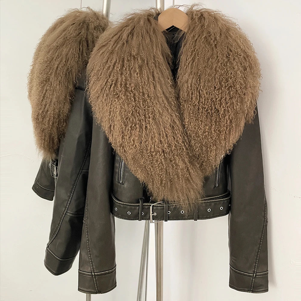 Luxury Natural Mongolian Sheep Fur Coat Women Winter Short Faux Leather Jacket Female Moto Biker Outwear New Coats and Jackets