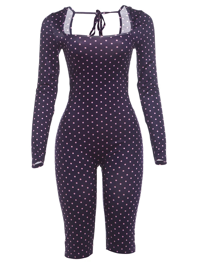 Weird Puss Sexy Fashion Playsuits Woman Polka Dot Print Square Collar Full Sleeve Skinny Peach Hip Midnight Club Party Rompers