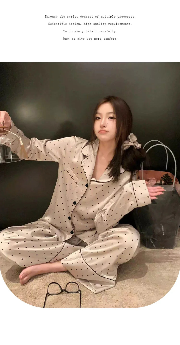 French High Sense of Sleepwear Women Spring and Fall New Simple Polka Dot Long-Sleeved Long Pants Ice Silk Homewear Fashion Suit