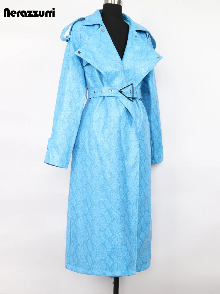 Nerazzurri Spring Autumn Long Oversized Colorful Snakeskin Print Patent Leather Trench Coat for Women Belt Runway Fashion 2022