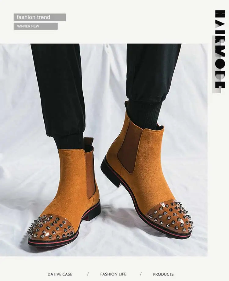 New Brown Men Chelsea Boots Flock Rivet Square Toe Red Sole Punk Handmade Men Short Boots Bottes Pour Hommes