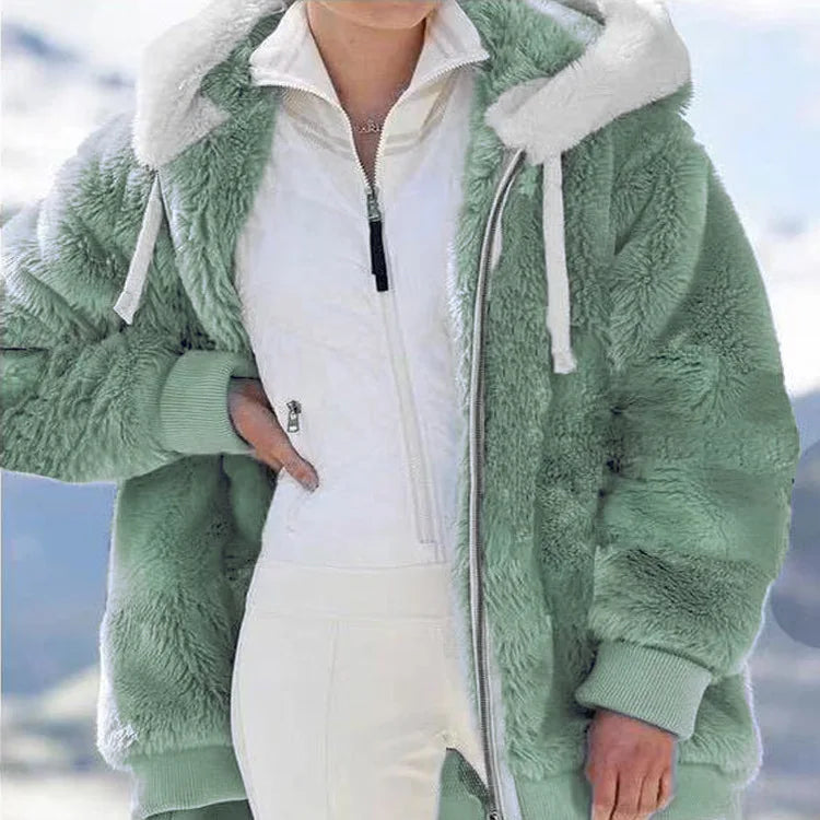 Women's Plush Hooded Drawstring Coat Autumn Winter Fashion Casual Zipper Long Sleeve Pocket Solid Color Ladies Jacket