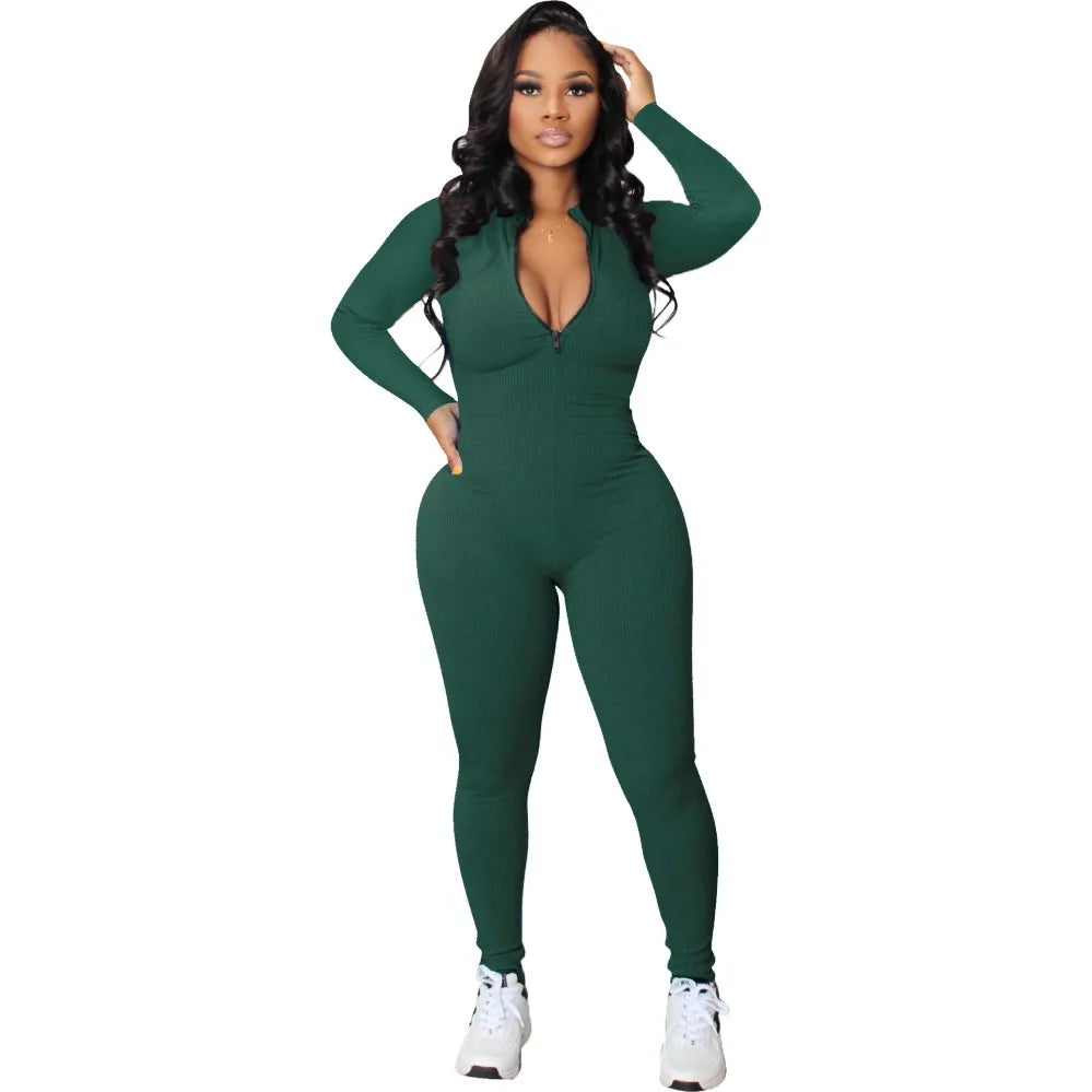 Black Jumpsuit Women 2025 Ribbed Zip Up Athletic Jumpsuit Ultimate Blend of Fashion Long Sleeve Zip V Neck Long Rompers Bodysuit