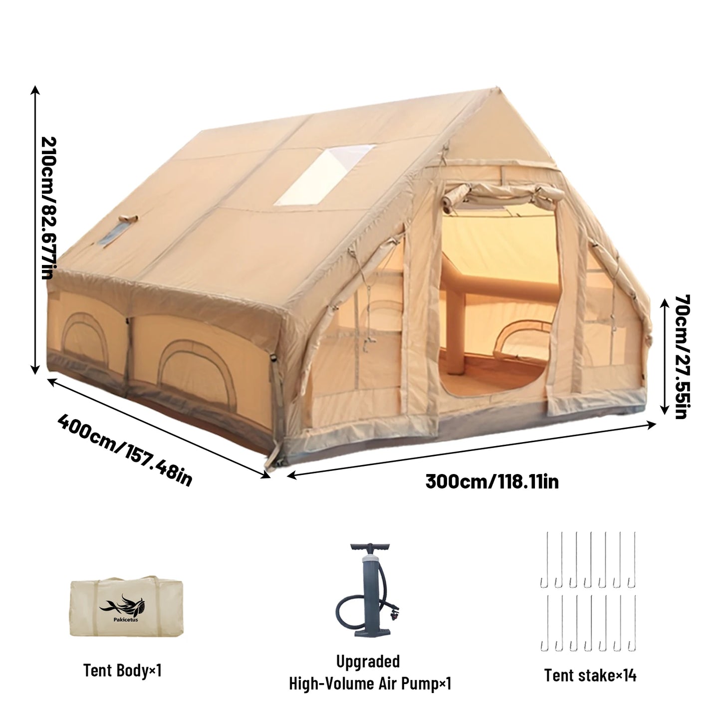 PAKICETUS Luxury Inflatable Camping Tent with Skylight Quick Setup Blow Up Tent with Air Pump 4-6 Persons Large Family Portable Outdoor Tent for Camping Hiking Backyard