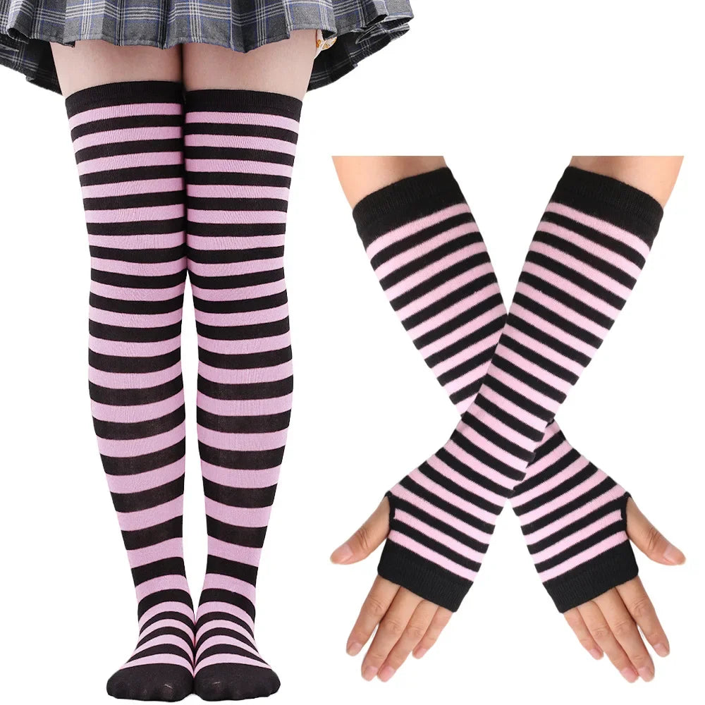 Long Over Above Knee Socks Womens mittens Arm Sleeve Gloves Set Striped Thigh High Stockings Ladies Girl Pink Black White Lolita