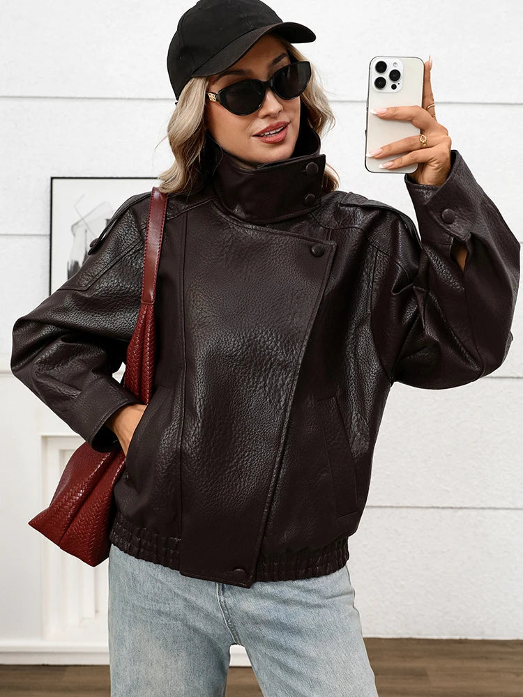 Ailegogo Vintage Chic Black Faux Leather Jackets Women Long Sleeve Button Elastic Oversized Coats Spring Autumn Streetwear Coats
